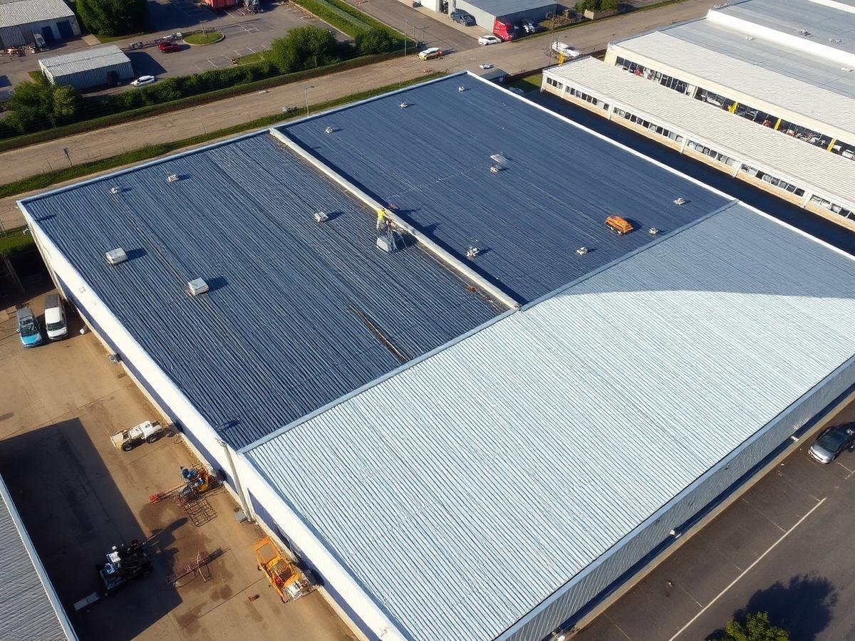 Aerial view of commercial roof maintenance