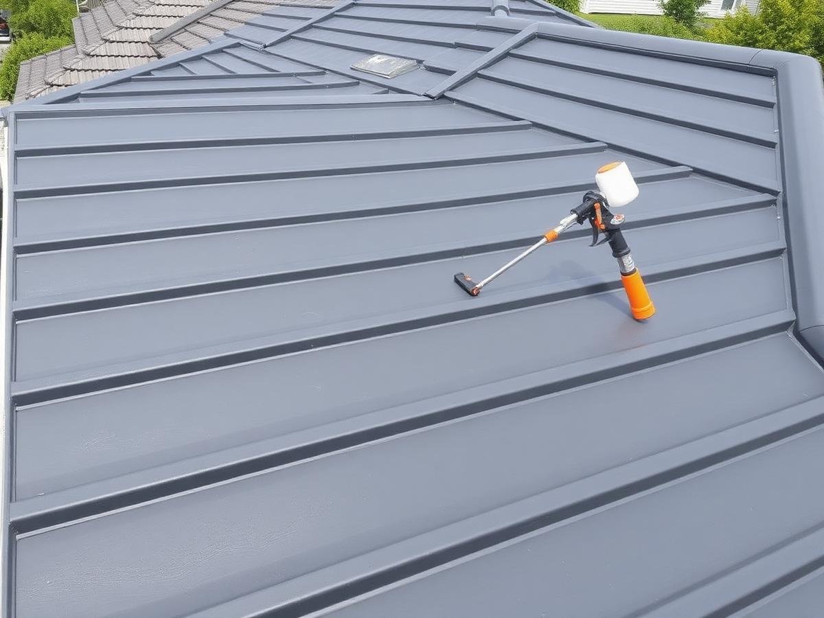 Rolling fresh protective coating onto roof