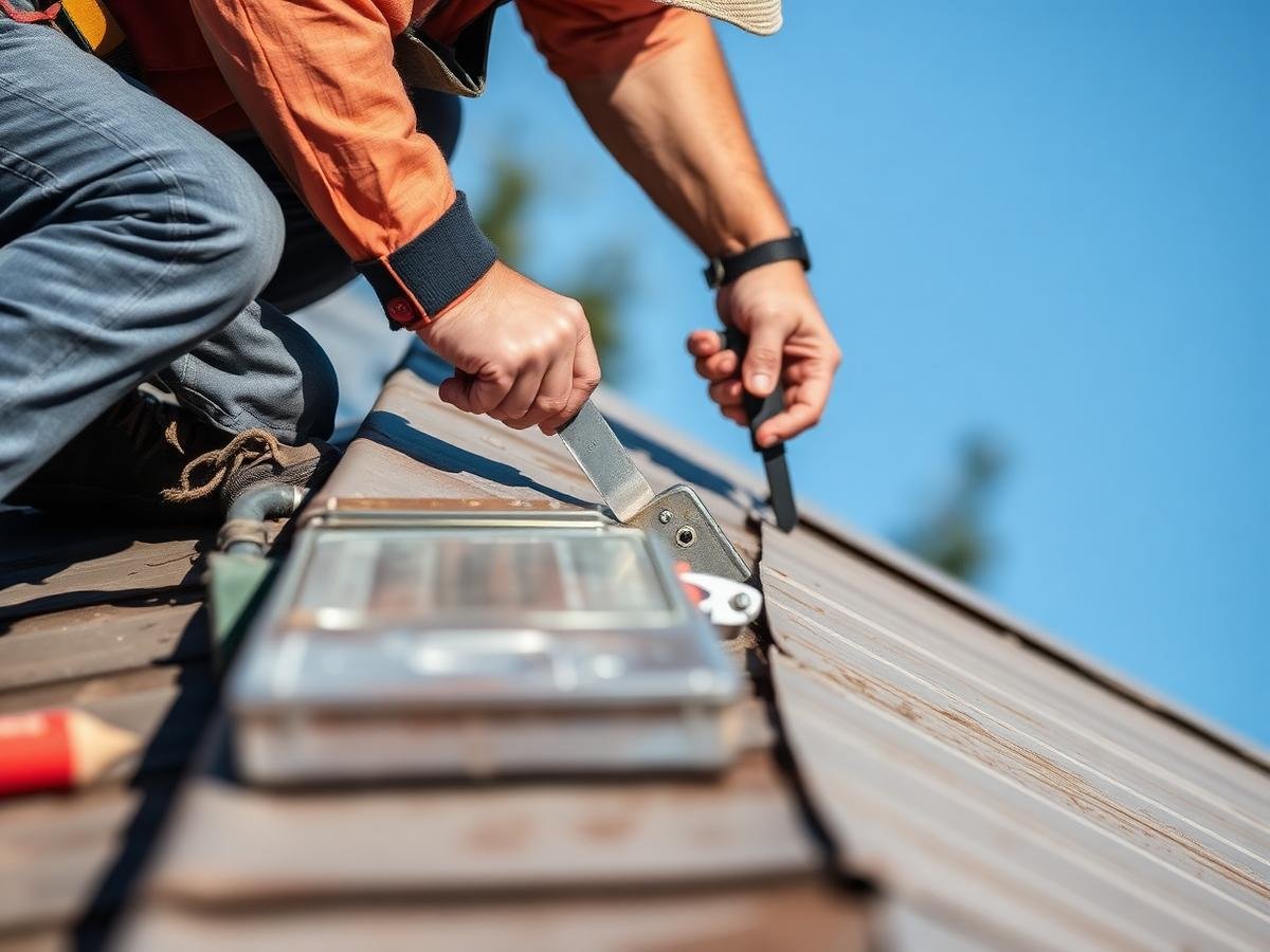 Roofer repairing metal roof flashing